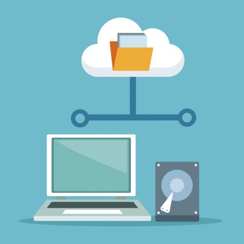 color background with laptop computer and hard drive with cloud storage vector illustration